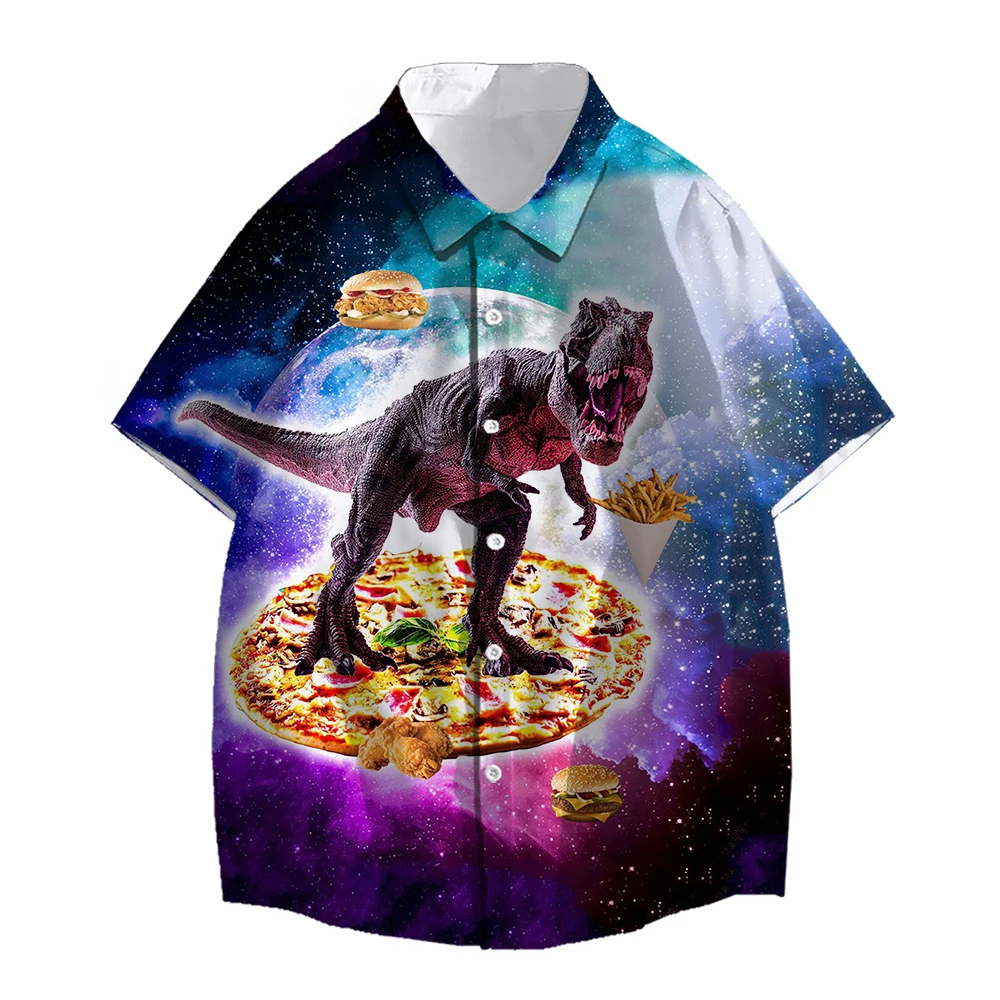 SONSPEE Summer Dinosaur Stand Pizza 3D Printing Hawaii Shirt Men Women's Hamburger Funny Style Short Sleeve Oversized Blouses