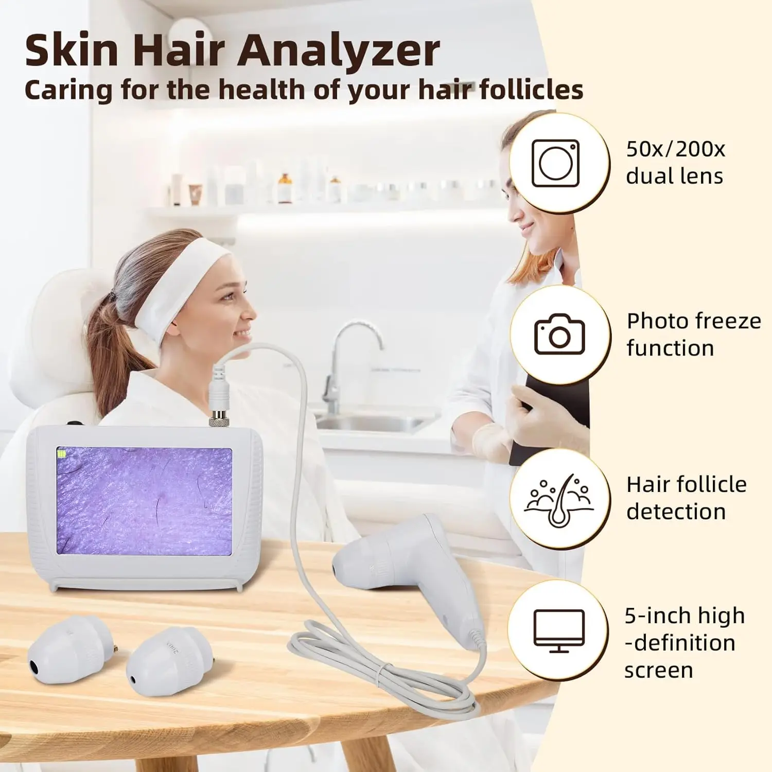 محلل بصيلات الشعر لتشخيص الجلد كاشف رقمي جهاز اختبار الرطوبة مع شاشة LCD 5 بوصة عدسة تكبير 50X/200X لصالون التجميل #4