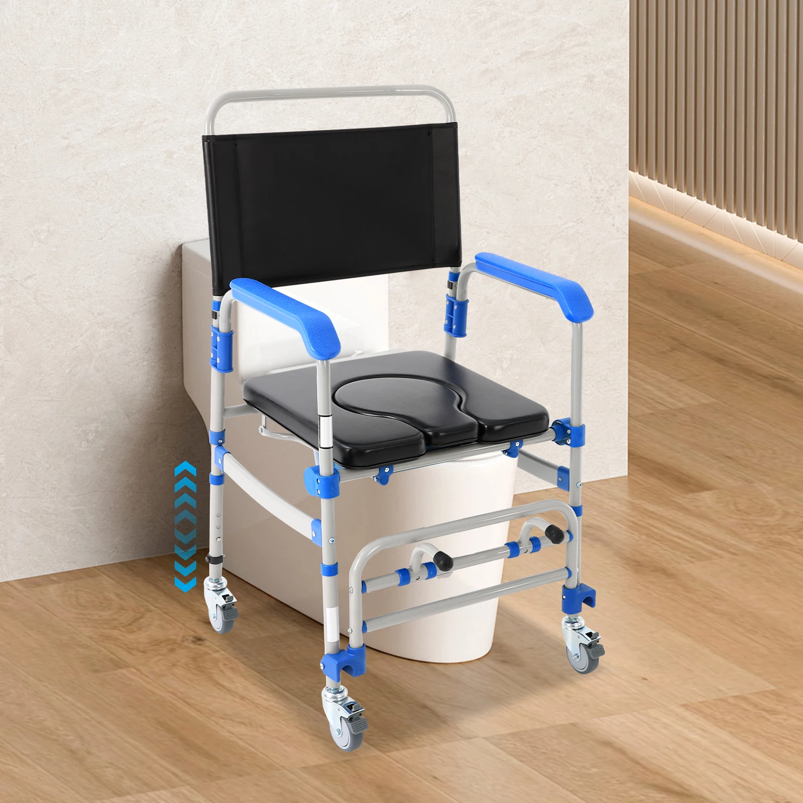 Toilettenstuhl mit Rollen und abnehmbarem Toiletteneimer für Senioren, Behinderte und Erwachsene zur Sicherheit im Badezimmer