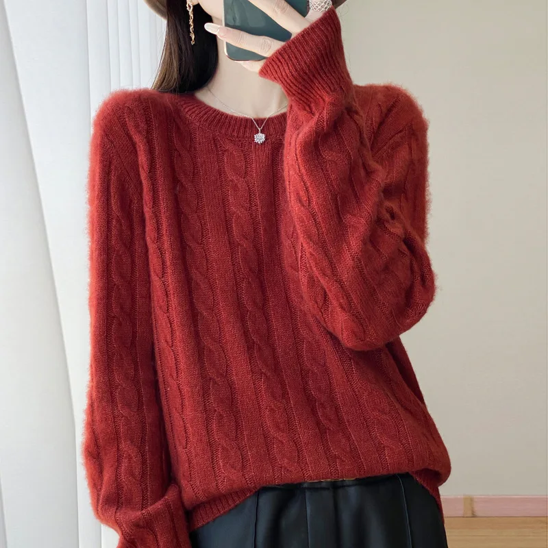 

Autumn Winter New Silk Wool Sweater Women Needle Double Thickened Round Neck Knit Base Shirt Loose Knitted Top Long Slee