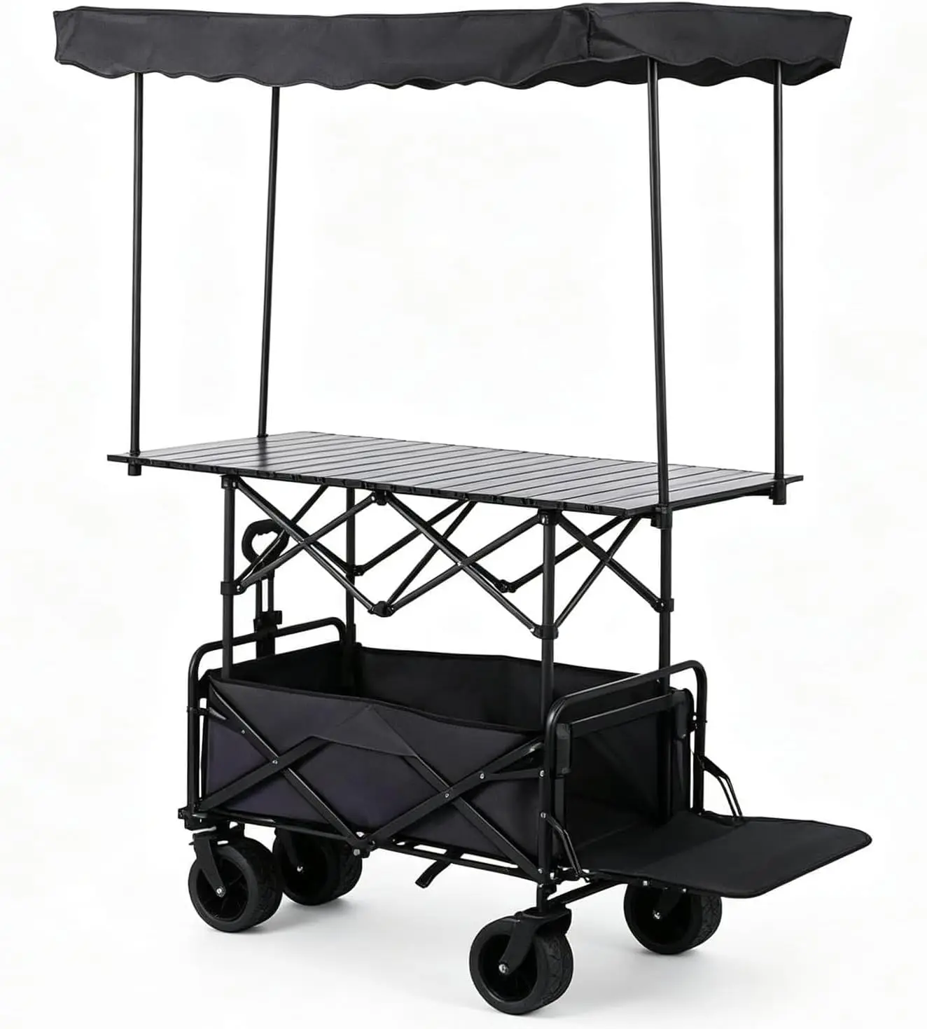 Foldable Wagon Cart with Canopy, Portable Mobile Street Vendor Food Cart Market Stall Table, Heavy Duty Garden Cart with Wheels,