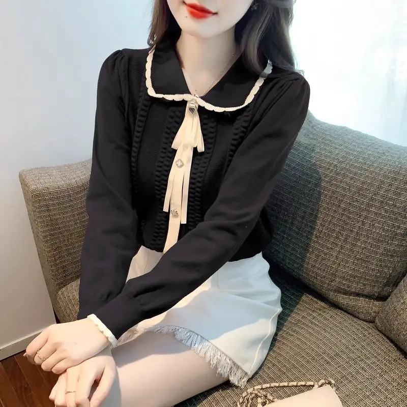 

Новый вязаный базовый свитер с кружевом и кукольным воротником для женщин Модный темпераментный свитер с бантом