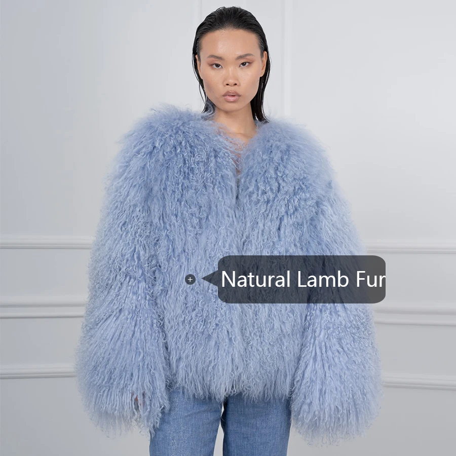 Cappotto di pelliccia di montone naturale Giacche da donna Giacca senza colletto di agnello mongolo azzurro Abiti invernali corti per le donne di tendenza