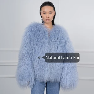 Natural Widder -Hautmantel, mongoler Lamm ohne Kragen, kurze Winterkleidung, hellblau, Trend 8 Hauptverkäufe Frauen hellblauer Mantel - №4