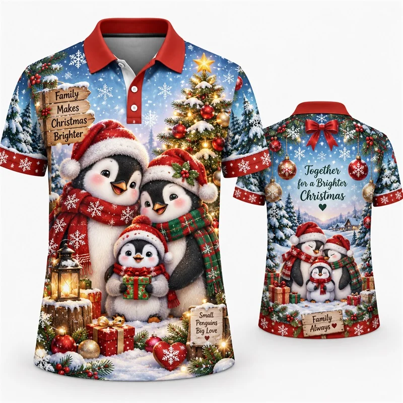 Xmas Men Polo Shirt Cute Penguin Santa hat Cityscape Gift Snowflake Print Short Sleeve polo shirts Tops For Male