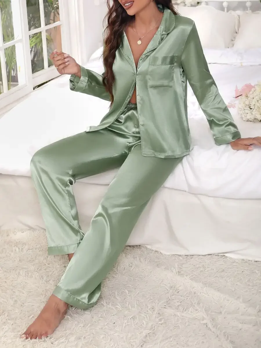 

Women Satin Pajama Set Long Sleeve Sleepwear Solid Color Comfortable Lounge Wear