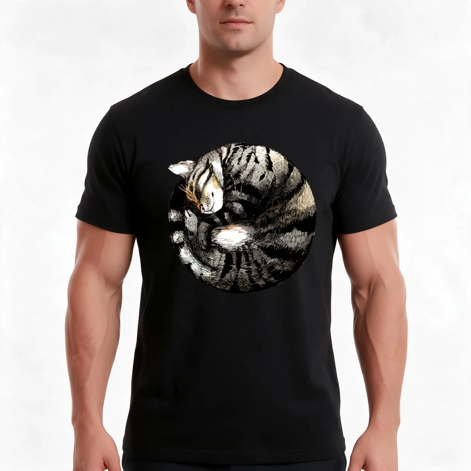 Tranquil Cat Sleeps in a Circle T-Shirt Summer Casual Cotton Tee Oversized Streetwear Tops Vintage Graphic Print 100% Cotton