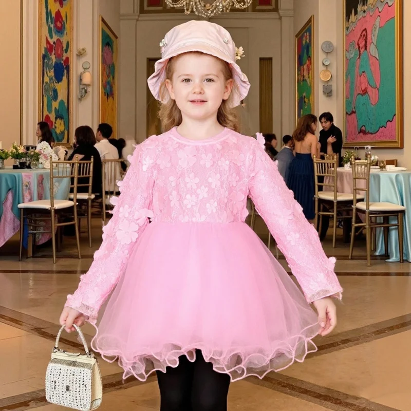 Spring and Autumn Girls' Dress Fashion Children's Clothing Long Sleeve Baby Toddler Petal Mesh Patchwork Girls' Formal Dress