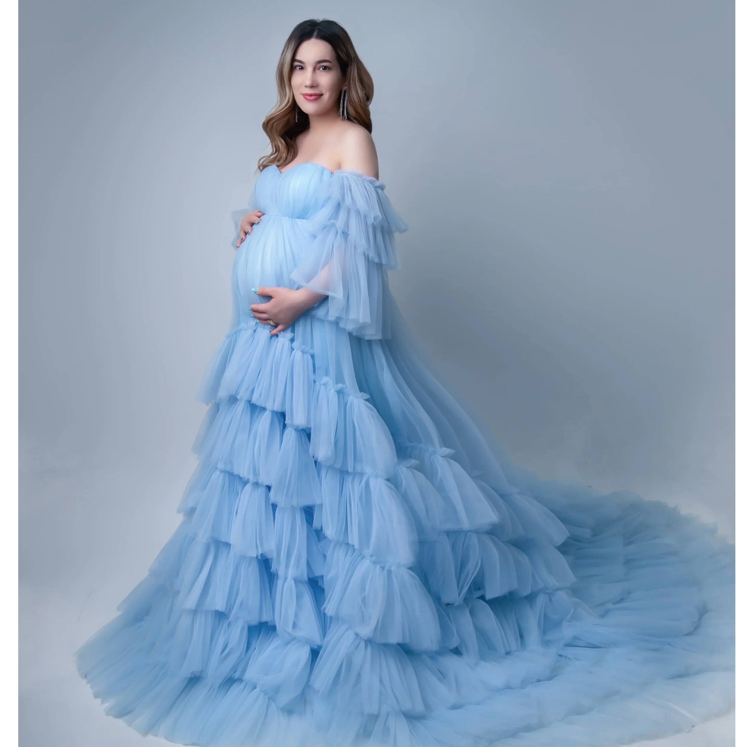 

Linda Blue Maternity Dresses Customize Sweetheart Vestidos For Pregnant Woman Illusion Tiered Long Sleeves Babyshower Dresses