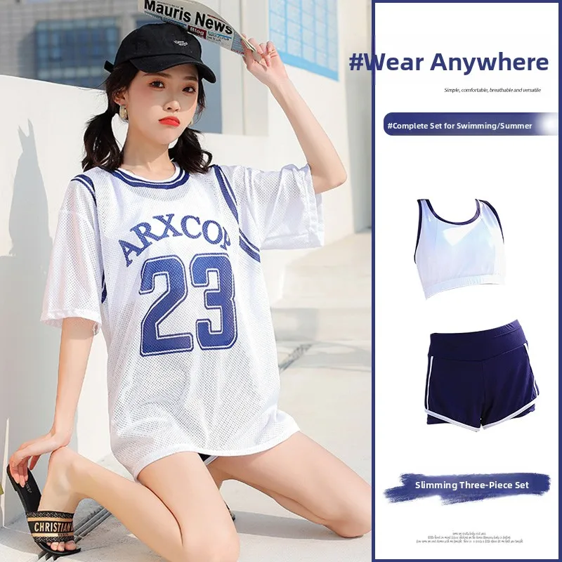 Dwuczęściowy strój kąpielowy wyszczuplający damski, sportowy, plażowy, zakrywający, konserwatywny, z okrągłym dekoltem, z poliestru.