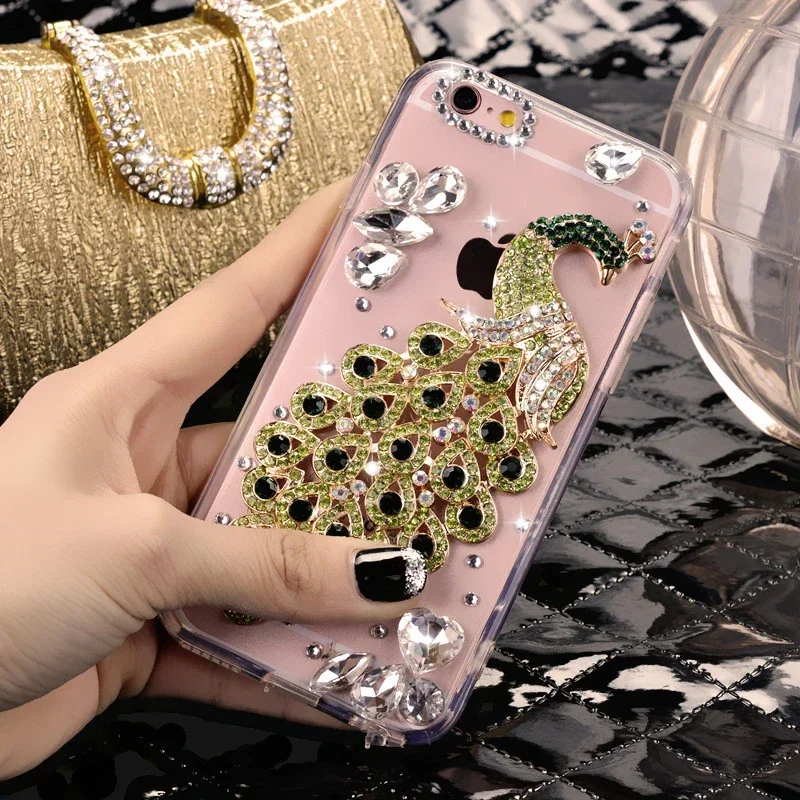 

For Samsung Galaxy S23 S24 Plus S21 FE S22 24Ultra Note 20 Luxury Glitter Bling Crystal Diamond Peacock Soft Clear Phone Case