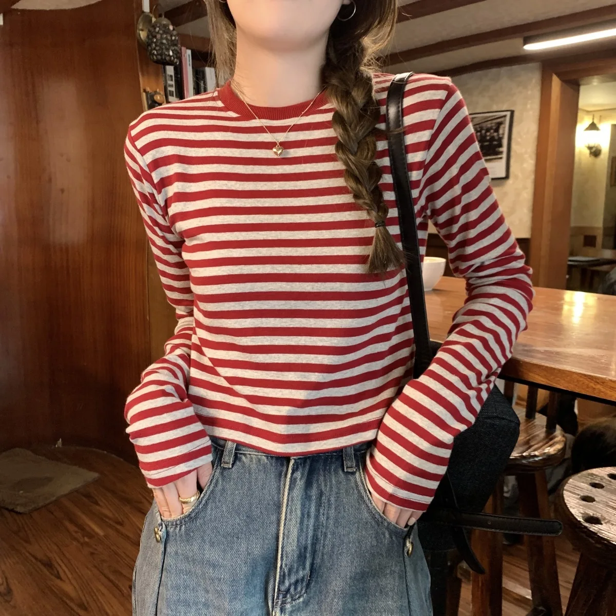 Retro Short Sleeve T-Shirt Women's Autumn Base Color Striped Long Sleeve Top Shoulder Width Regular Body Fit Campus Style
