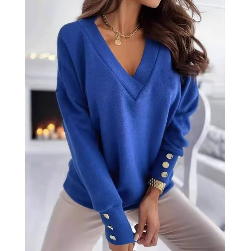 New Loose Pullover Cotton Women’s Blouse V-neck Casual Women Shirts Loose Office Lady Tops Autumn Woman Clothes 12827