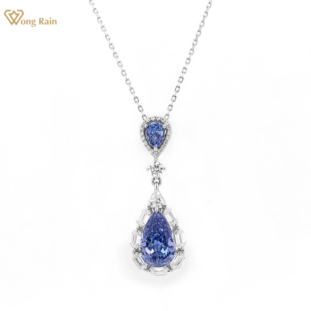 Wong Rain 100% 925 Sterling Silver Pear Cut Sapphire High Carbon Diamond Gemstone Pendant Necklace Fine Jewelry Anniversary Gift