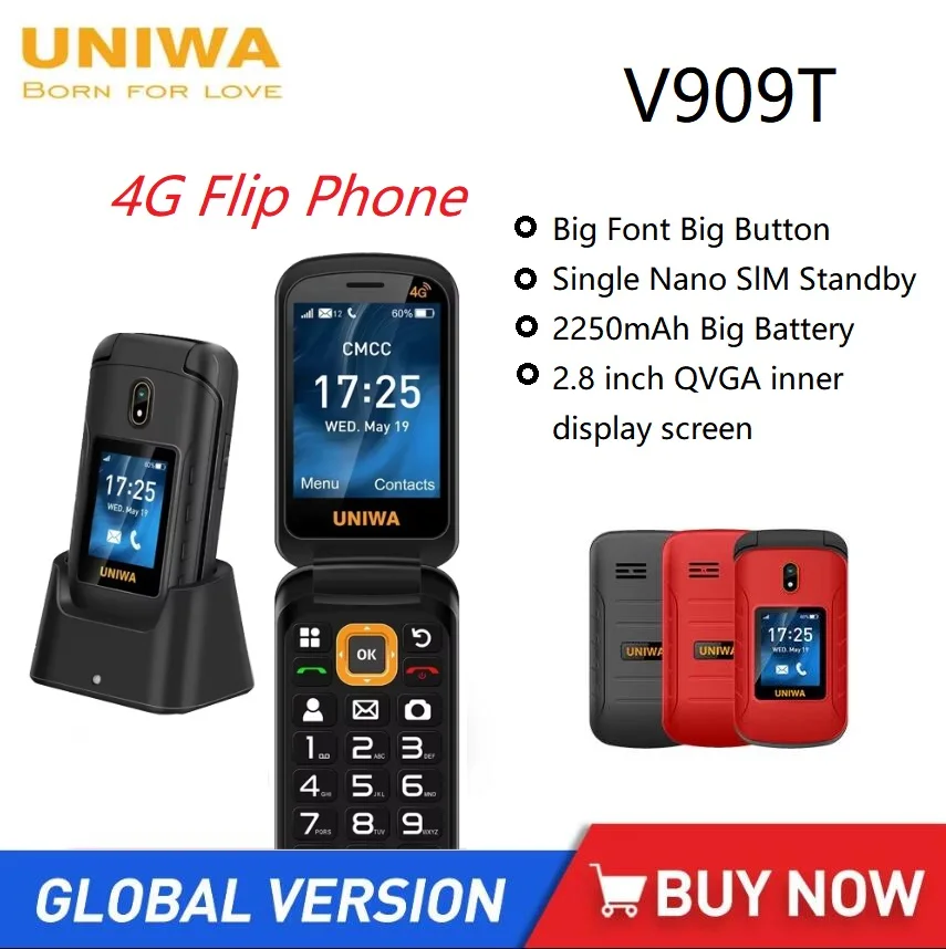 UNIWA V909T 4G Flip Phone Dual Screen Single Nano Cellphone Big Push-Button Mobile Phone for Elderly 2250mAh Russian Keyboard