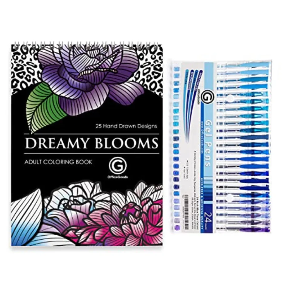 

24 pcs Blue Gel Pens with Refills and Dreamy Blooms Coloring Book Bundle