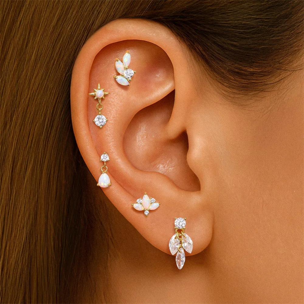 

CANNER 1PC S925 Silver Geometric Splicing with Opal Thread Piercing Nails Charm Stud Earrings for Women Creativity Stud Earrings