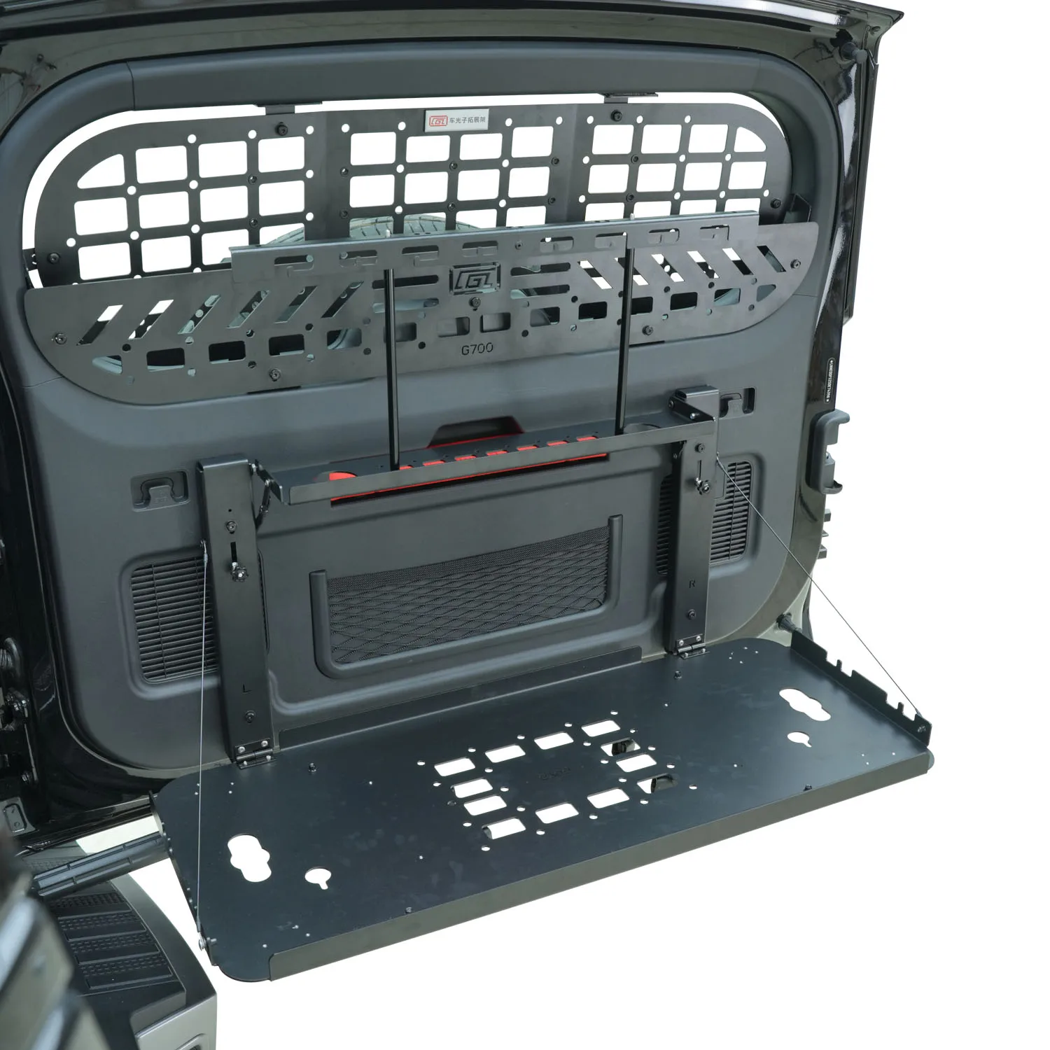 Для Jetour G700 2026: Панель MOLLE, Складной столик-органайзер на дверь багажника, Внутренняя отделка, Органайзер для багажника, Панели окон, Алюминиевый