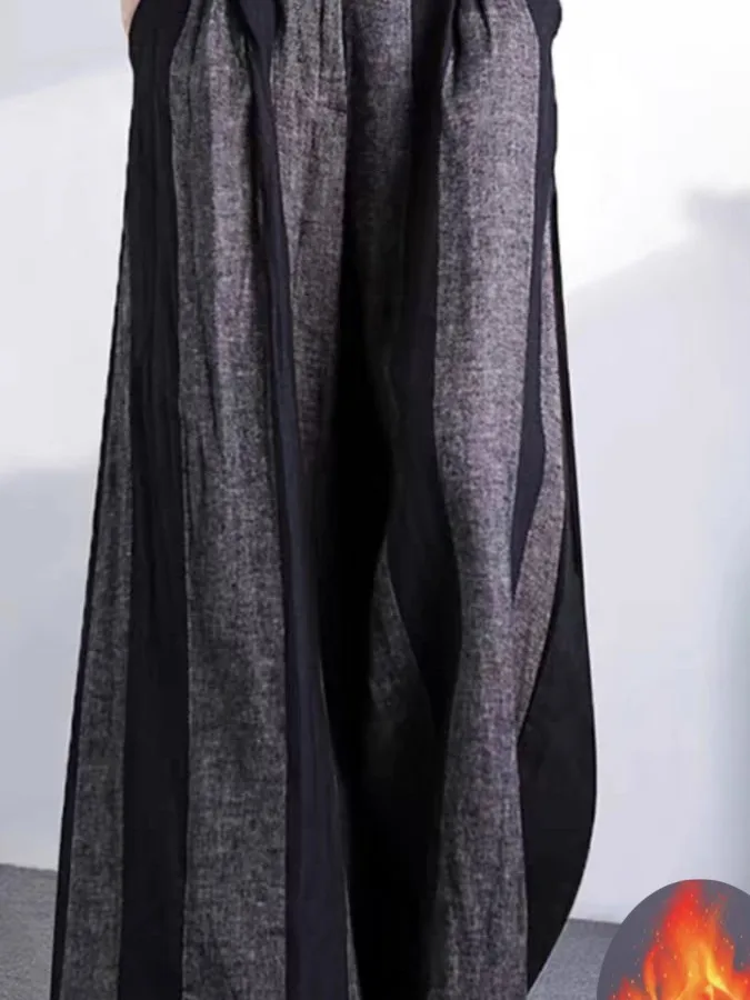 Authentic Thickened Cotton Linen Wide Leg Pants Women's Loose Fit Drapey Striped Casual Trousers mid High Waist Other Material