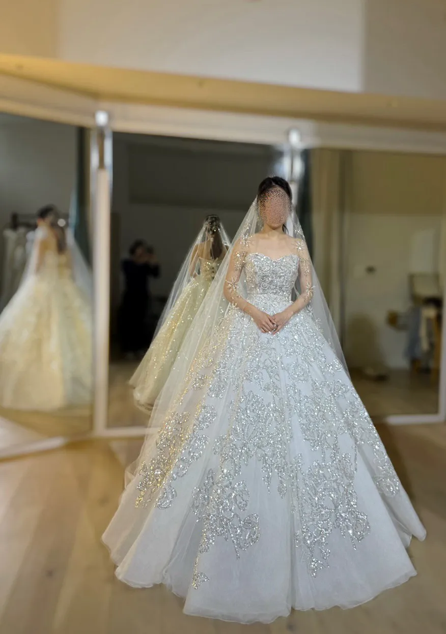 

Custom Women's Gorgeous Big Skirt Wedding Dress With Three Quarter Sleeves Sweetheart Lace Paired With Sequins Vestido de Novia