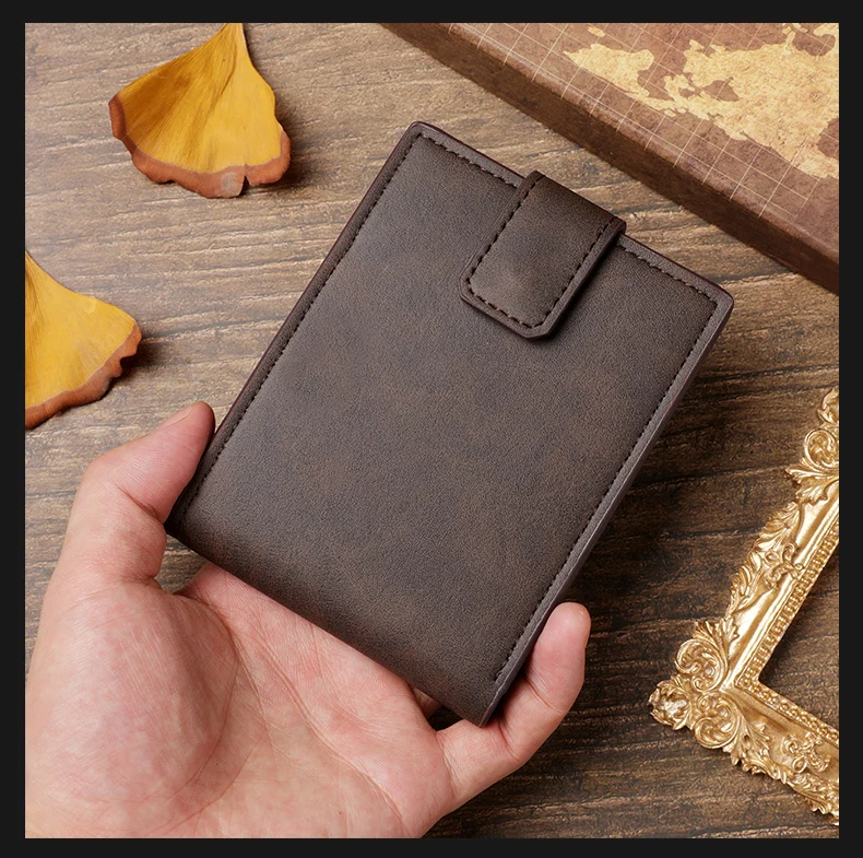 Kurze Herren-Geldbörse, lässig, Vintage, mit mehreren Kartenfächern, Münzfach und Knopfverschluss – Detail 11