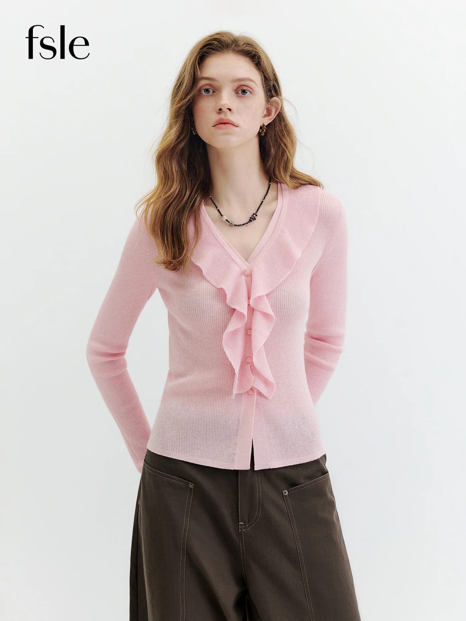 FSLE 2026 Autumn New Arrival Women's French Romantic Ruffle Trim Knitted Sweater Wool Blend Elegant Long Sleeve Cardigan Top