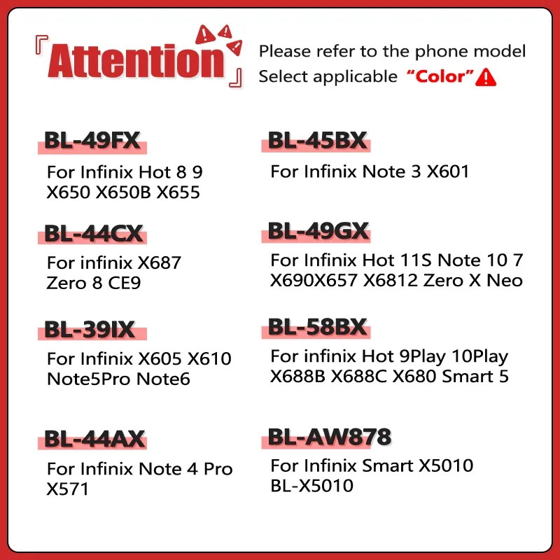 BL-58BX BL-44AX BL-44CX BL-49GX Battery For Infinix Zero Hot Smart X 5 8 9 11s Neo Play X687 X605 X5010 Note 3 4 5 6 7 10 Pro