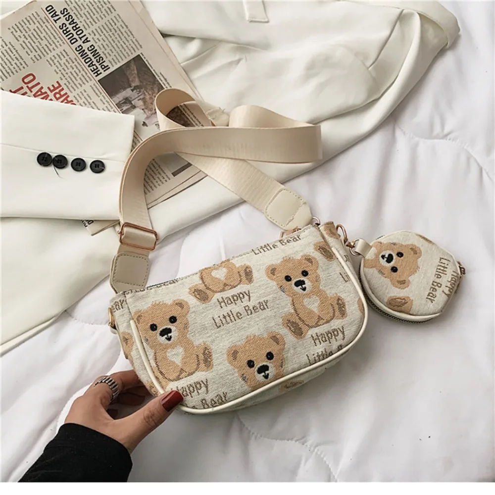 Petit sac sous les bras imprimé ours vintage pour femme, sac composite en nylon, mini sac à main rond, pendentif initié, mode