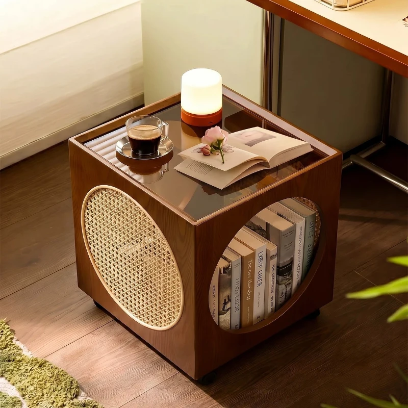 Medieval solid wood small coffee table, movable storage, rattan trolley, bedroom bedside table cabinet