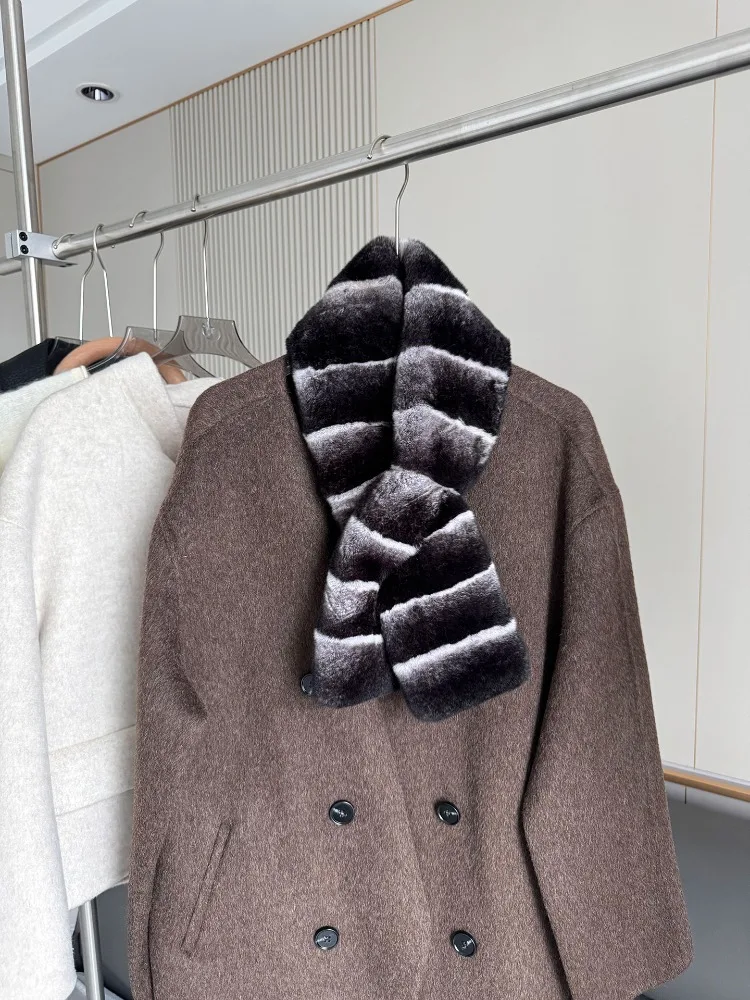 Women Real Rex Rabbit Fur Cross Scarf Chinchilla Stripe Pattern Natural Fur Neck Warmer Winter Soft Plush Fur Muffler for Coat