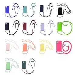 Original Liquid Silicone Rope Cases For iPhone 15 14 13 12 16 Pro Max X 6 7 8 Plus Crossbody Lanyard Neck Strap Soft Candy Cover