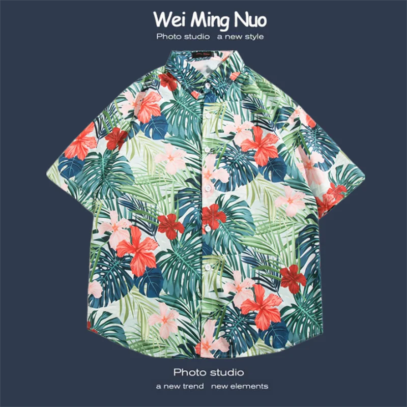 2024 Summer floral short sleeved loose fitting shirt for boys, ruffled and handsome top, Hawaiian shirt, non ironing print