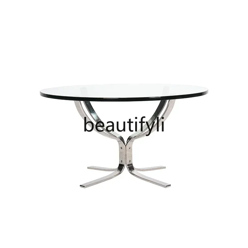 

Medieval round transparent glass table simple living room household stainless steel frame coffee table