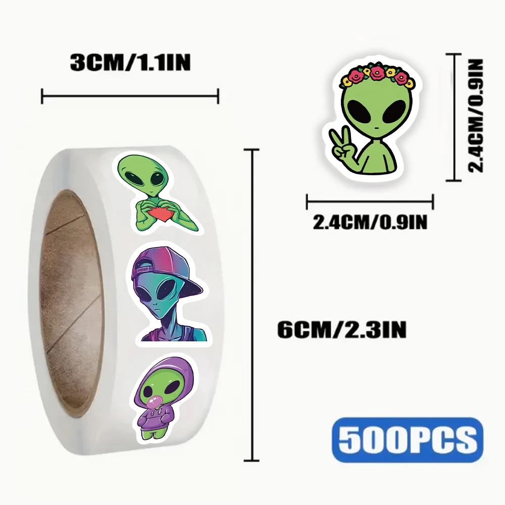 500 Sheets/Reel Alien Themed Fun & Cute Sticker Rolls for Notebook, Phone Case, iPad, and Creative Cartoons