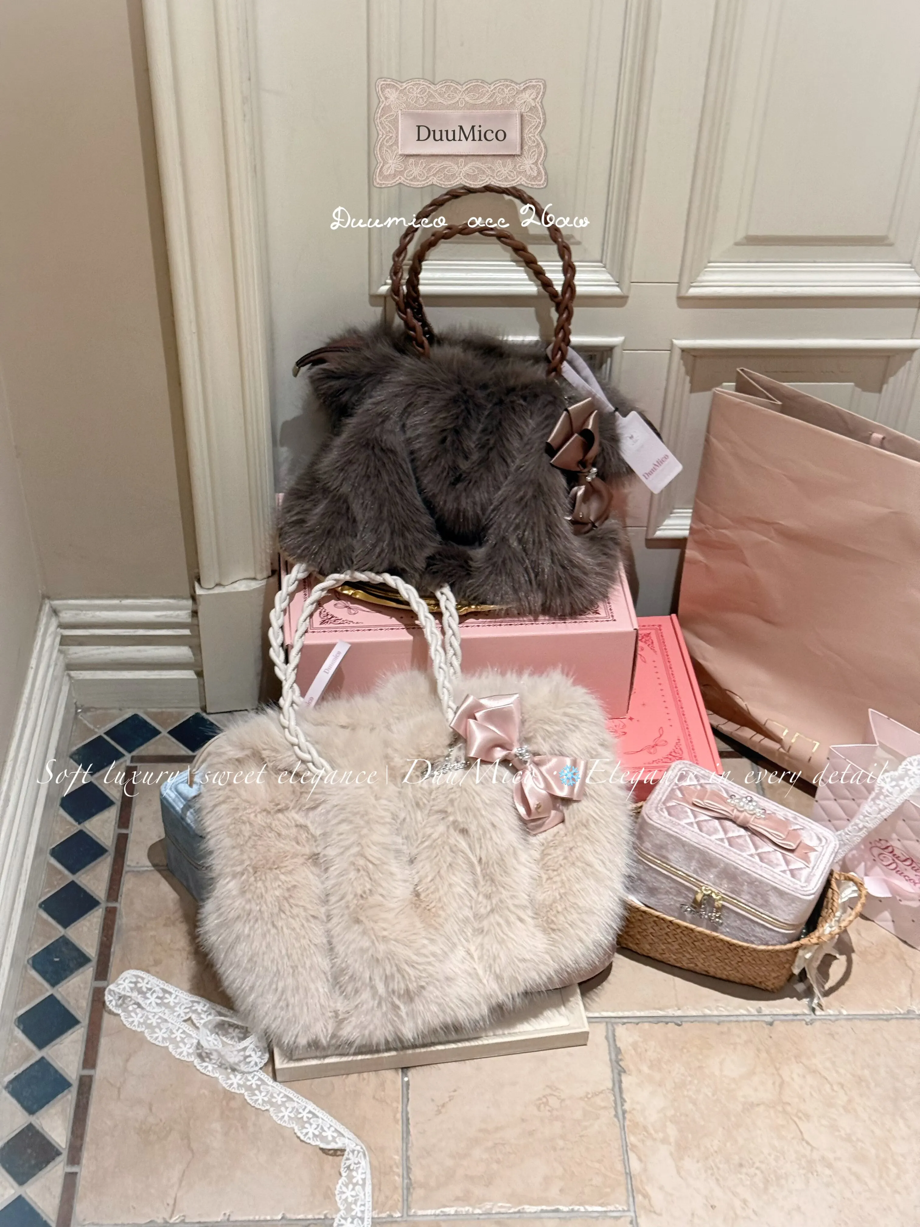 Sweet Lol Imitation Fur Tote Bag Harajuku Soft Plush Satin Bow Rhinestone Decorative Woven Handbag Daily Versatile Shoulder Bag