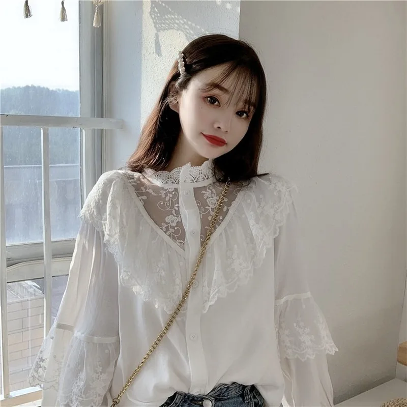 Spring Sweet Loose Women Clothes Korean Ruffled White Blouse Fashion Stand Collar Lady Tops Vintage Long Sleeve Lace Shirt 11335