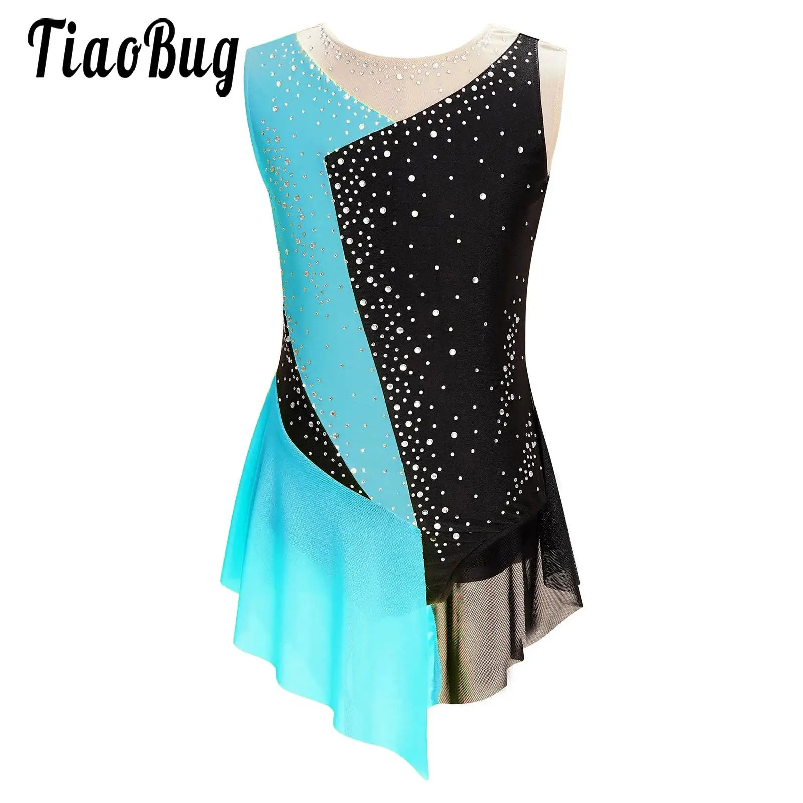 

Kid Girls Figure Ice Skating Dress Leotard Competition Costume Color Block Sleeveless Sheer Mesh Patchwork Bodysuit Ballet Dress