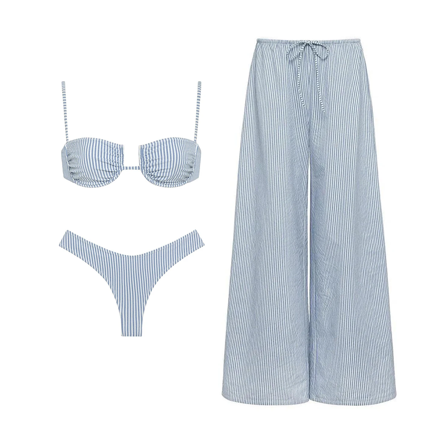 Traje de Baño Bikini de 3 Piezas Push Up 2026 para Mujer, Sexy, Rayado, con Pantalones de Playa y Cubierta, Ropa de Playa, Biquini Estampado