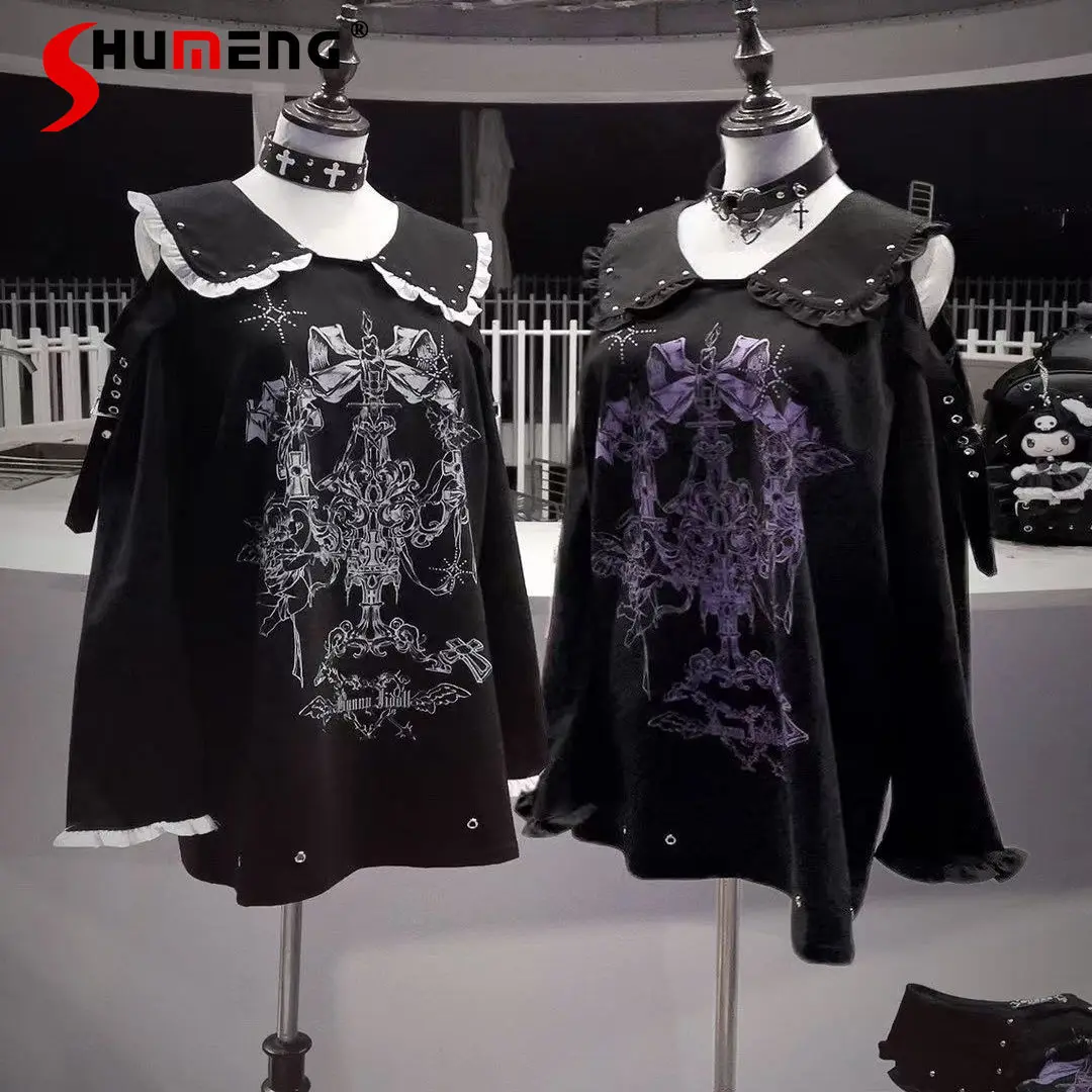 

Original Subculture Gothic Dark Sweet Cool Loose T-Shirt Spring Autumn 2025 Girls' Loose Off-Shoulder Print Long Sleeve Tops