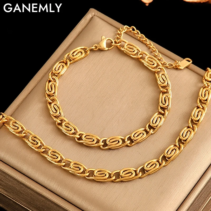 GANEMLY 316L Stainless Steel Creative Geometric Necklace Bracelet Set For Women Fashion Gold-Plated Waterproof Jewelry Lady Gift