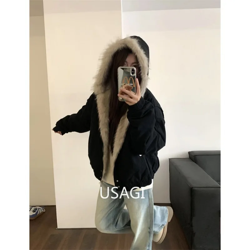 

Y2K американская ретро куртка с меховым воротником и капюшоном женская уличная зимняя новая бархатная утолщенная теплая свободная повседневная куртка в стиле Харадзюку