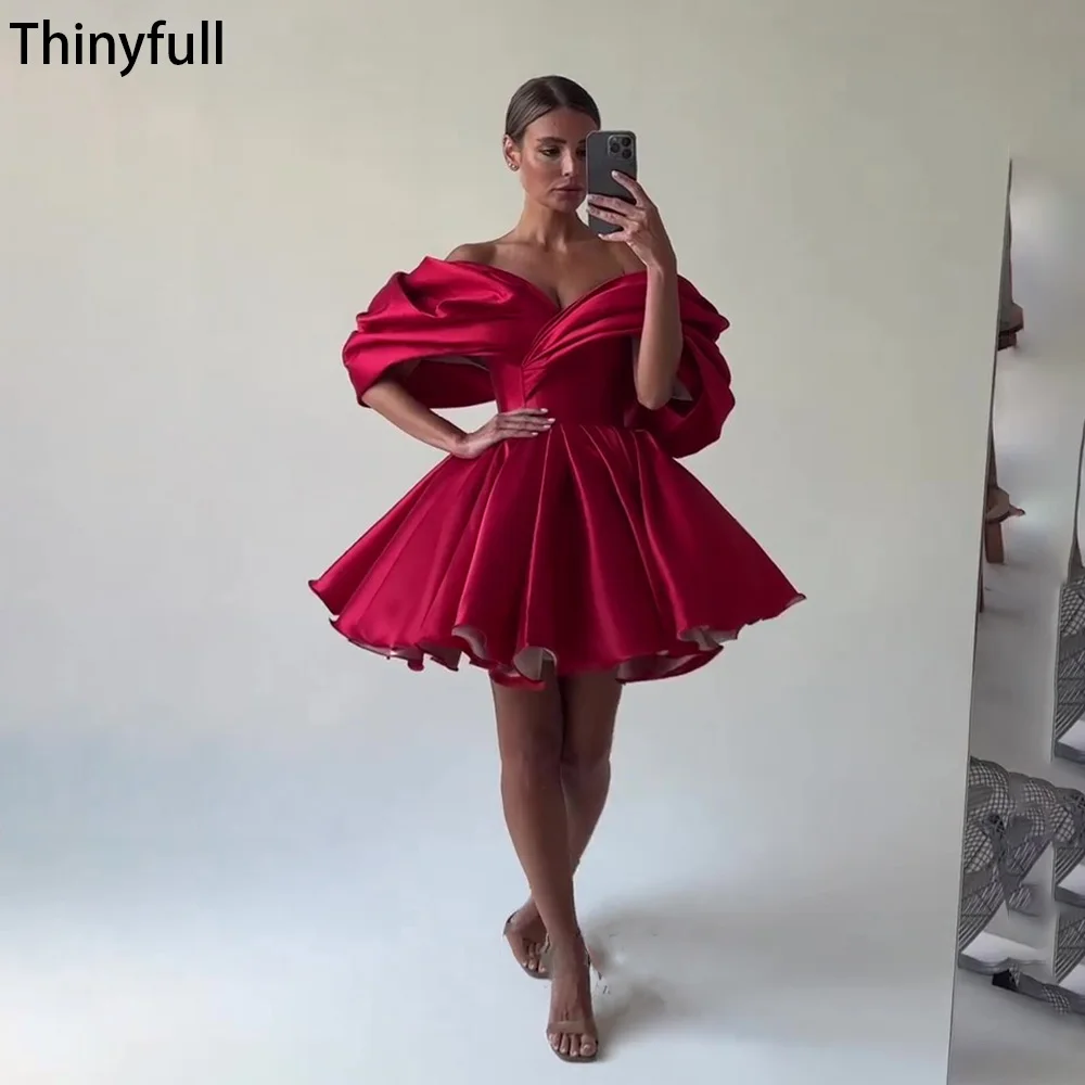 Thinyfull Red Mini Prom Dresses Off Shoulder Lace Up Stain Ball Gown A Line Homecoming Cocktail Dresses for Celebrate Prom Gowns