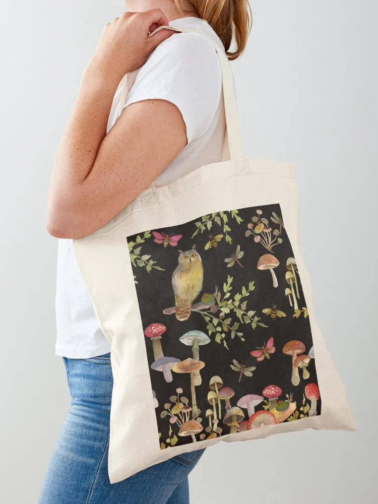 Cottagecore Owls Mushrooms Dragonflies Bees and Leaves on Black Tote Bag hand bags custom bags Canvas Tote Bag