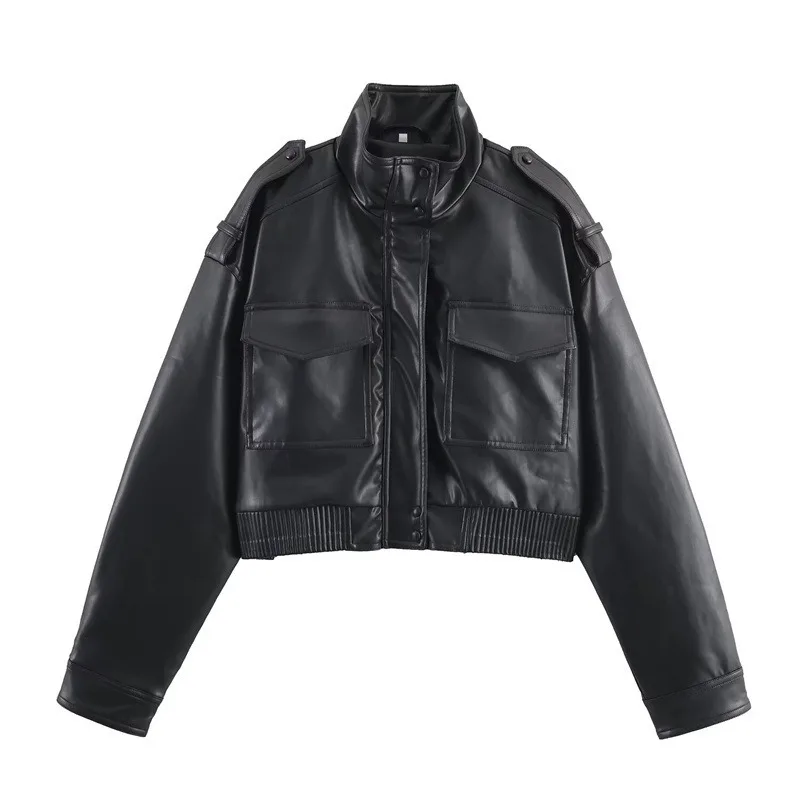 2026 Winter Women Faux Leather Short Jacket High Street Stand Collar Long Sleeve Trench Coat Fashion Zipper Slim Cropped Outwear