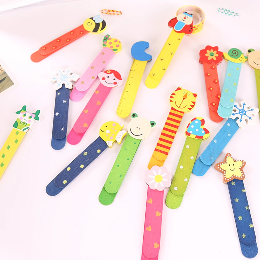10Pcs Wooden Bookmark Bright Cartoon Graphics Sturdy Bookmarker with Dual Use As Mini Ruler for Kids School Stationery Gift
