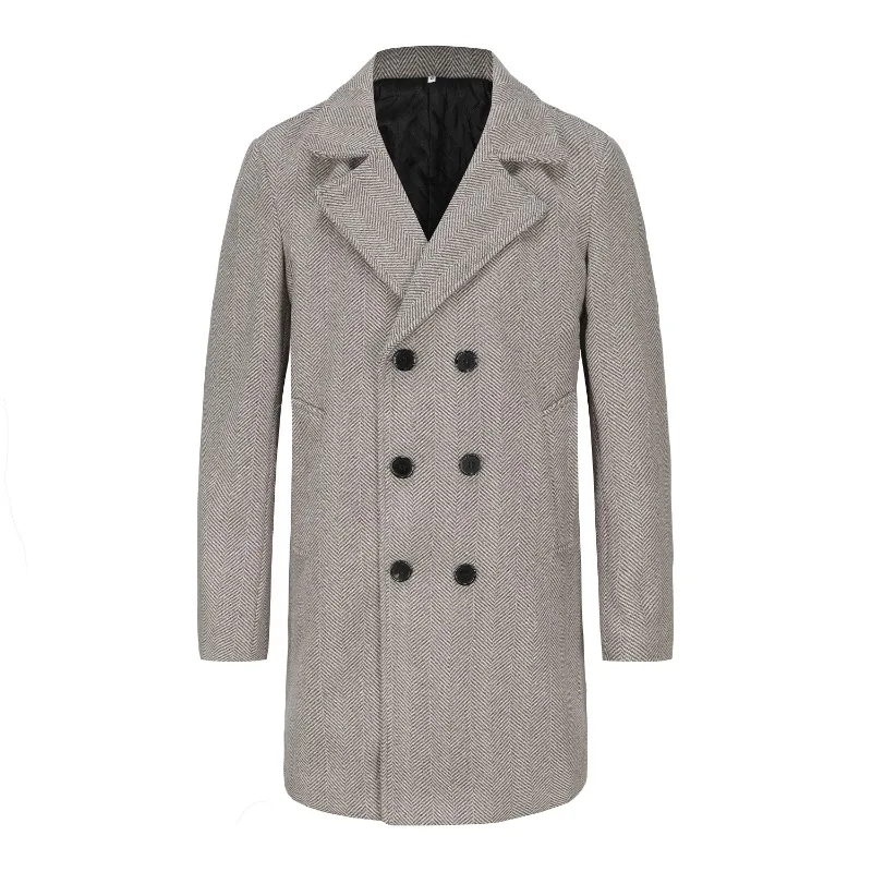 

Autumn/Winter Men's British Style Double Breasted Woolen Jacket Casual Loose Size Medium Length Windbreaker Top