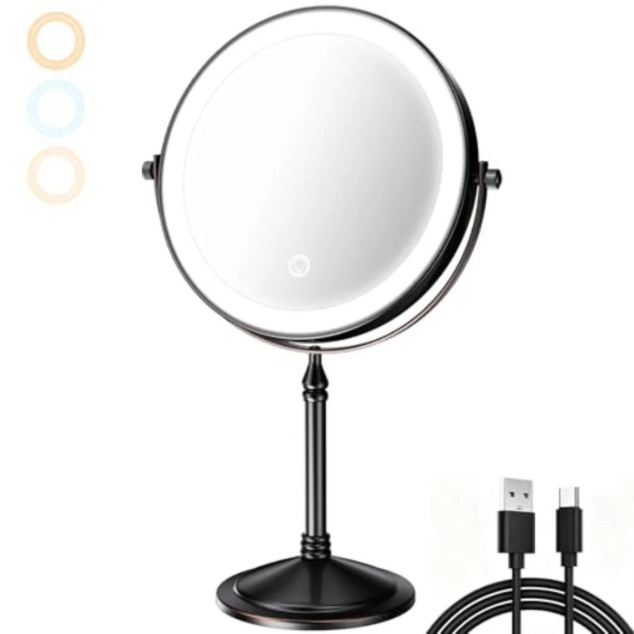 

Rechargeable Makeup Mirror with Lights and Magnification 10X, 3 Color LED Lights, Cordless Lighted Vanity Desk Mirror with Ligh