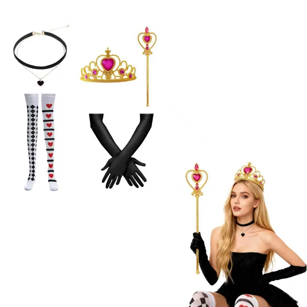 PESENAR ハロウィン クイーン コスチューム ハート アクセサリー セット ハート ストッキング ロング グローブ ルビー クラウン ワンド ネックレス