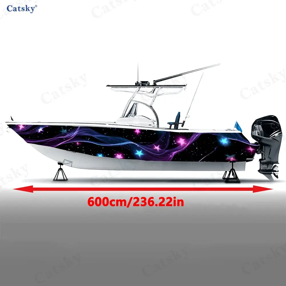 Neon Star Stream Purple & Blue Boat Stickers, PVC Waterproof Vinyl Wrap Decals for Fishing Boats, Durable and Stylish Design