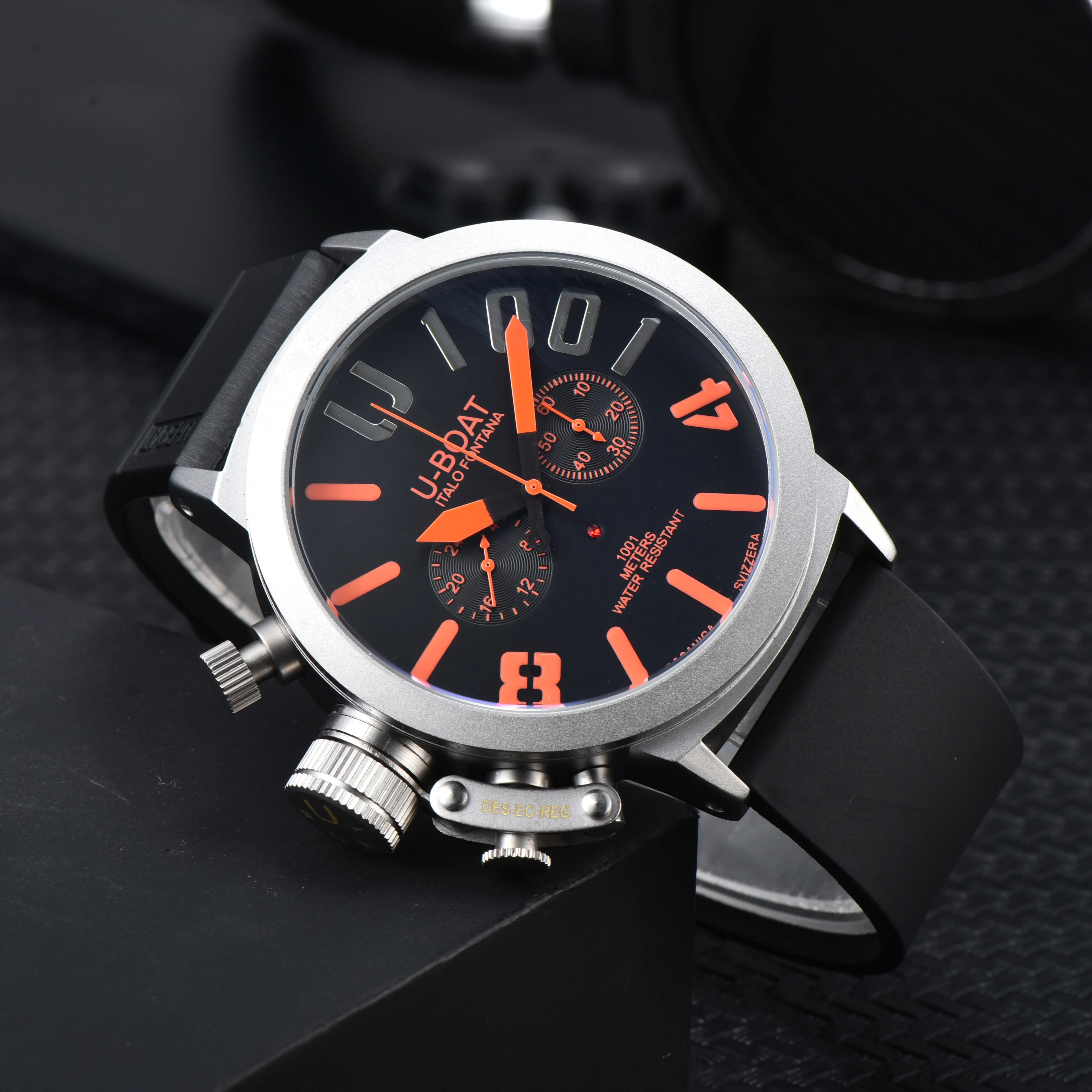 U-BOAT Men's Quartz Chronograph Watch 44mm Stainless Steel Case Silicone Band 1001M Waterproof image 3